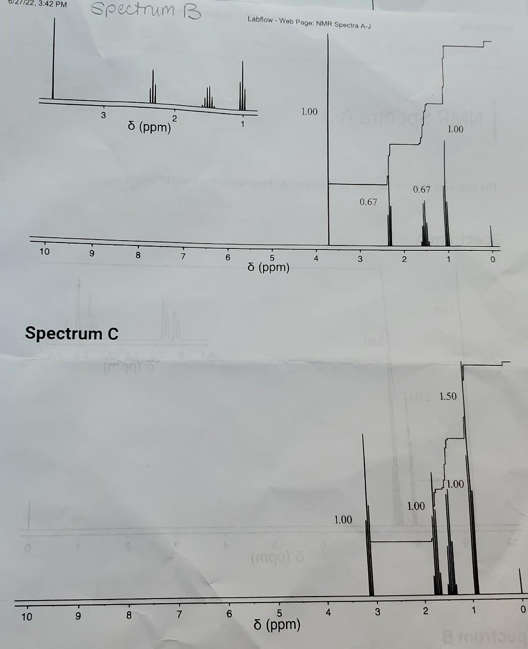 Nmr Spectra A J Identify Each Spectra As One Of The Following Methyl Butanoate Benzaldehyde 1 Chlorobutane 1 Chloro 3
