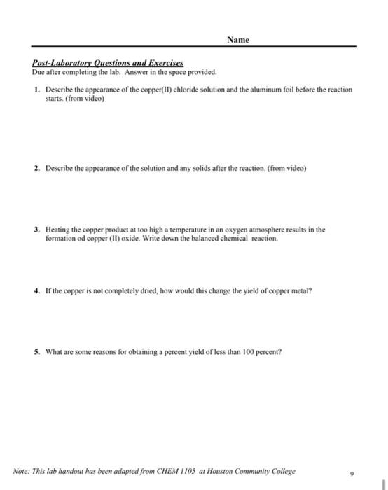 Report Determination Of Reaction Yield Mass Of Cucl 2 H O Mass Of Al Foil Used Mass Of Empty Filter Paper 4 Mass O 3