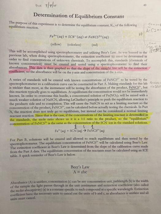 7 7 12 Determination Of Equilibrium Constant The Purpose Of This Experiment Is To Determine The Equilibrium Constant K 1
