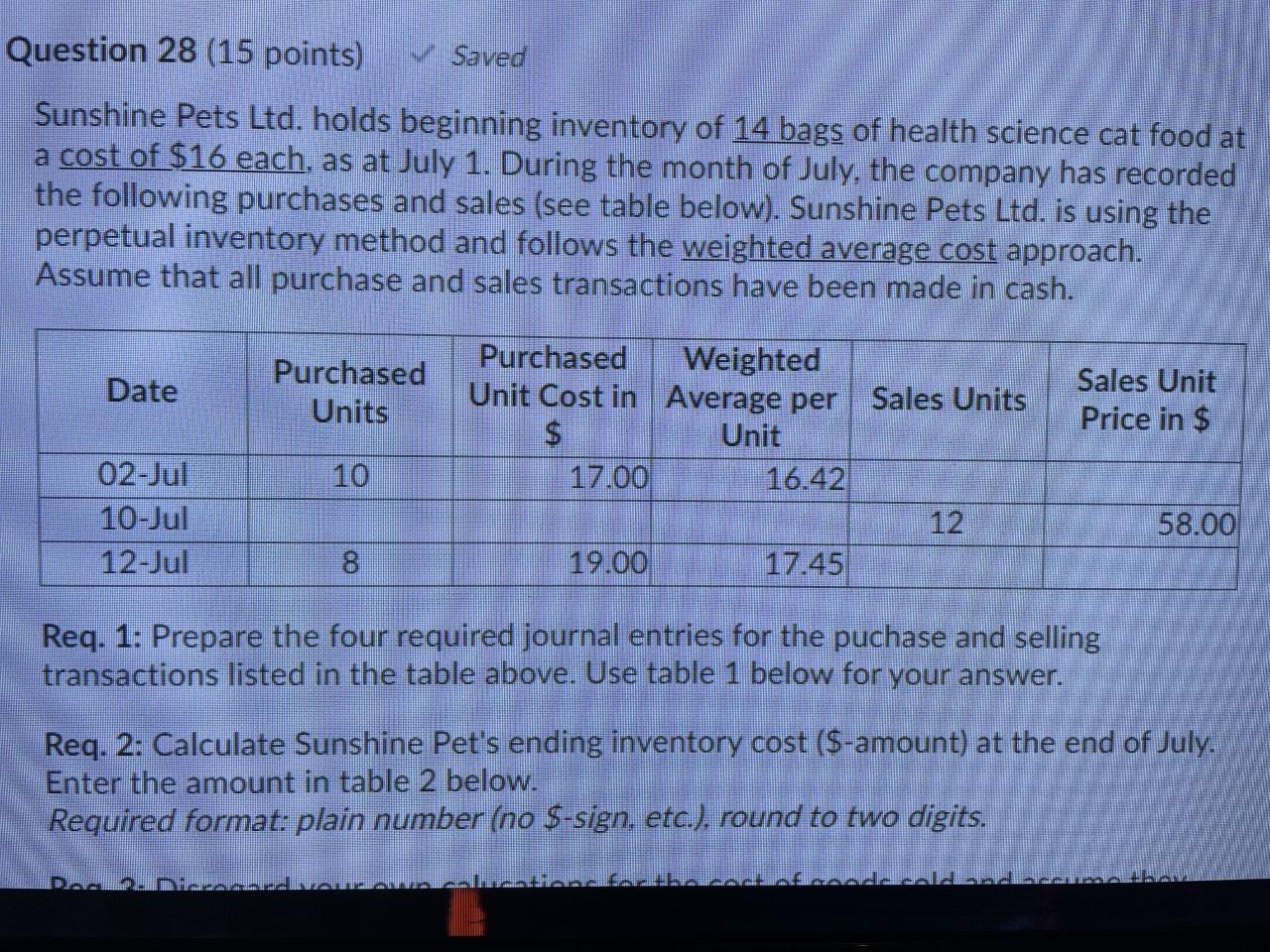Question 28 15 Points V Saved Sunshine Pets Ltd Holds Beginning Inventory Of 14 Bags Of Health Science Cat Food At A 1