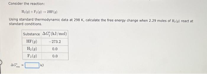 Consider The Reaction H 9 F 9 2hf G Using Standard Thermodynamic Data At 298 K Calculate The Free Energy Ch 1