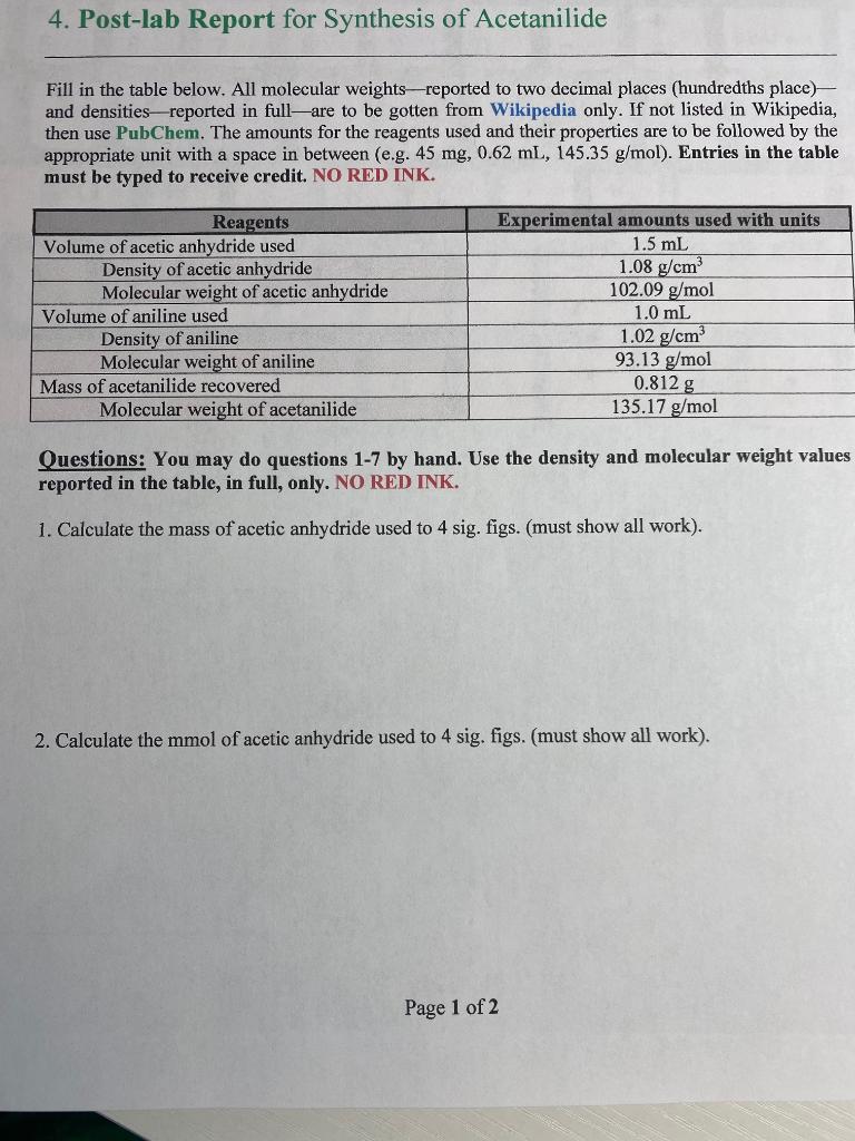 4 Post Lab Report For Synthesis Of Acetanilide Fill In The Table Below All Molecular Weights Reported To Two Decimal P 1