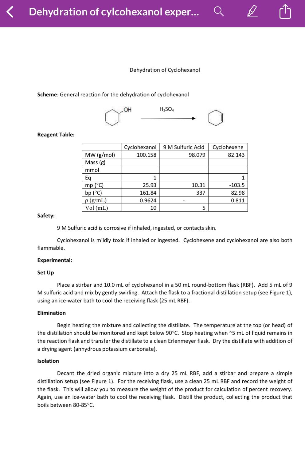 Dehydration Of Cylcohexanol Exper Scheme General Reaction For The Dehydration Of Cyclohexanol Reagent Table Safet 1