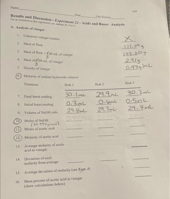 Name Date Lab Section Results And Discussion Experiment 22 Acids And Bases Analysis For An Extension To This Experi 1