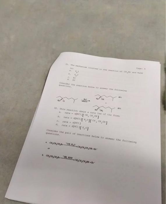Of D 31 The Mechanian Involved In The 4 5 1 5 7 B Chchch E D Consider The Reaction Below To Answer The Following Que 1