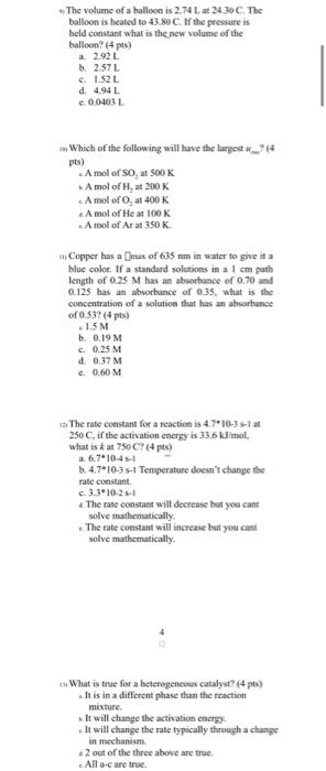 The Volume Of A Balloon Is 2 74 Lat 24 30 C The Balloon Is Heated To 43 80 C If The Pressure Is Held Constant What Is 1