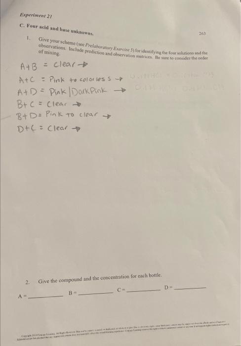 Experiment 21 C Four Acid And Base Unknowns 1 Give Your Scheme See Prelaboratory Exercise 5 For Identifying The Fou 2