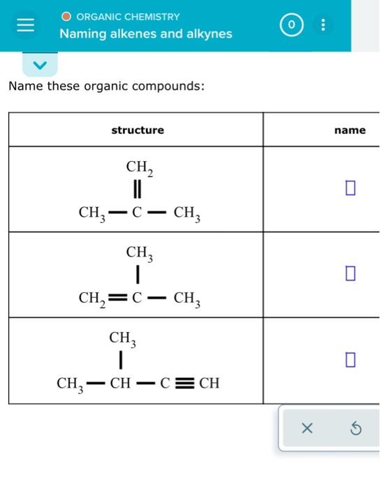 Organic Chemistry Naming Alkenes And Alkynes Name These Organic Compounds Structure Ch Ii Ch3 C Ch3 Ch3 I Ch C Ch3 1