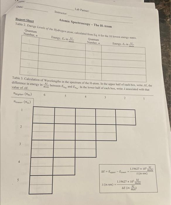 Ame Date Atomic Spectroscopy The H Atom Report Sheet Table 2 Energy Levels Of The Hydrogen Atom Calculated From Eq 1