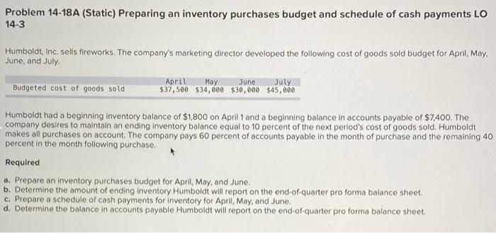 Problem 14 18a Static Preparing An Inventory Purchases Budget And Schedule Of Cash Payments Lo 14 3 Humboldt Inc Se 1