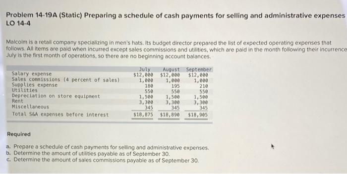 Problem 14 19a Static Preparing A Schedule Of Cash Payments For Selling And Administrative Expenses Lo 14 4 July Malco 1