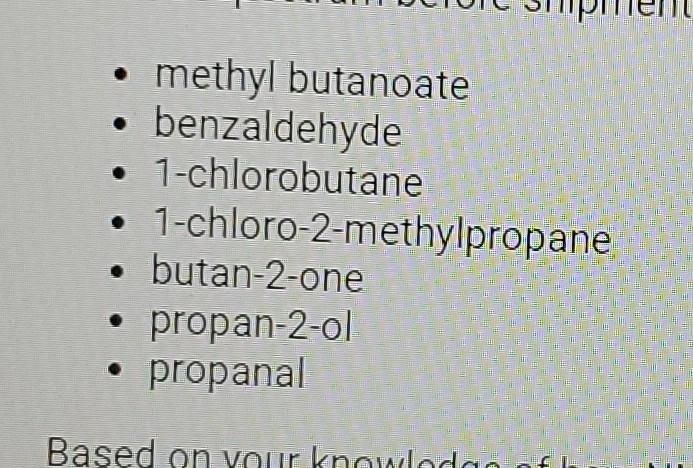 Chemical Shift Ppm Integration Multiplicity Partial Structure I Methyl Butanoate Benzaldehyde 1 Chlorobutane 1 Chloro 2