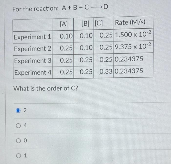 For The Reaction A B C D A B C Rate M S Experiment 1 0 10 0 10 0 25 1 500 X 10 Experiment 2 0 25 0 10 0 2 1