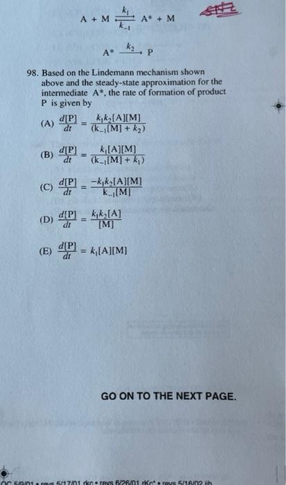 B A Kz P 98 Based On The Lindemann Mechanism Shown Above And The Steady State Approximation For The Intermediate A 1