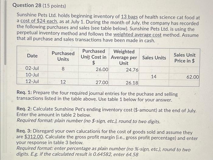 Question 28 15 Points Sunshine Pets Ltd Holds Beginning Inventory Of 13 Bags Of Health Science Cat Food At A Cost Of 1