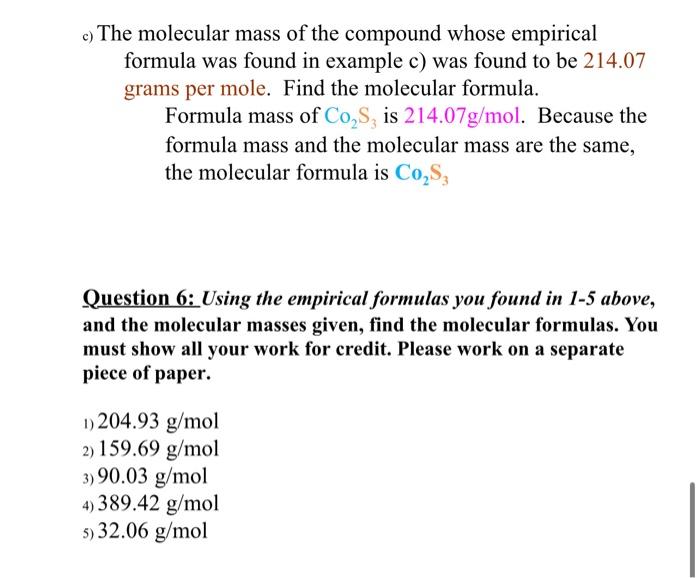 Given Find The Molecular Formulas You Must Show All Your Work For Credit Please Work On A Separate Piece Of Paper 1 4