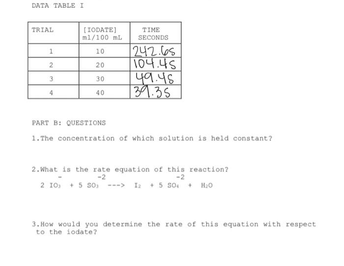 Data Table I Trial 1 2 3 4 Iodate Ml 100 Ml 10 20 30 40 Time Seconds 1242 65 104 45 49 48 39 35 Part B Questions 1 T 1