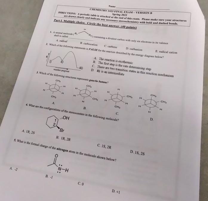 2 A 1r 2s 1 A Neutral Molecule Shell Is Called A Radical B Carbocation C Carbene D Carbanion 2 Which Of Th 1