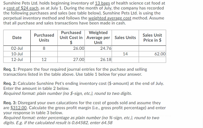 Sunshine Pets Ltd Holds Beginning Inventory Of 13 Bags Of Health Science Cat Food At A Cost Of 24 Each As At July 1 1