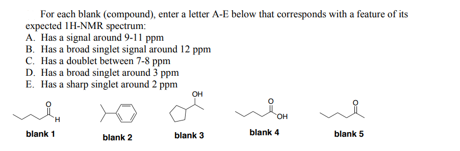 For Each Blank Compound Enter A Letter A E Below That Corresponds With A Feature Of Its Expected 1h Nmr Spectrum A 1