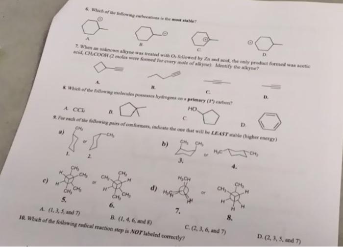 Which Of The Following Molecules Possesses Hydrogens On A Primary 1 Carbon Ho 1 Which Of The Following Carbocati 1