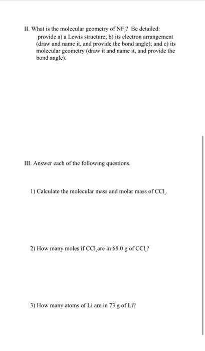 Ii What Is The Molecular Geometry Of Nf Be Detailed Provide A A Lewis Structure B Its Electron Arrangement Draw A 1