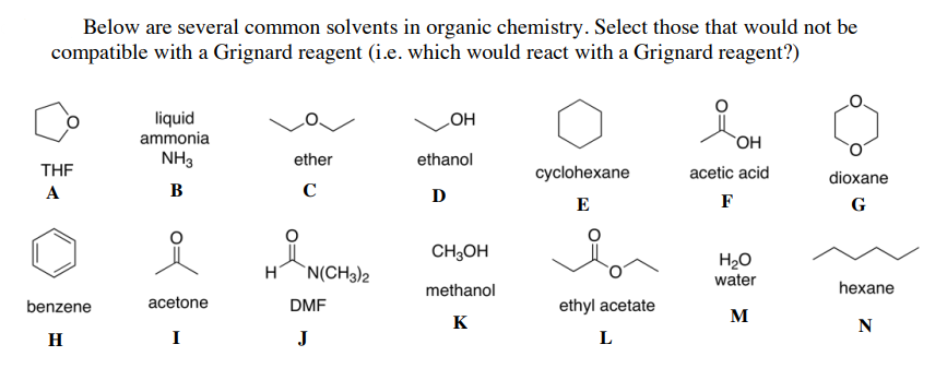 Below Are Several Common Solvents In Organic Chemistry Select Those That Would Not Be Compatible With A Grignard Reagen 1