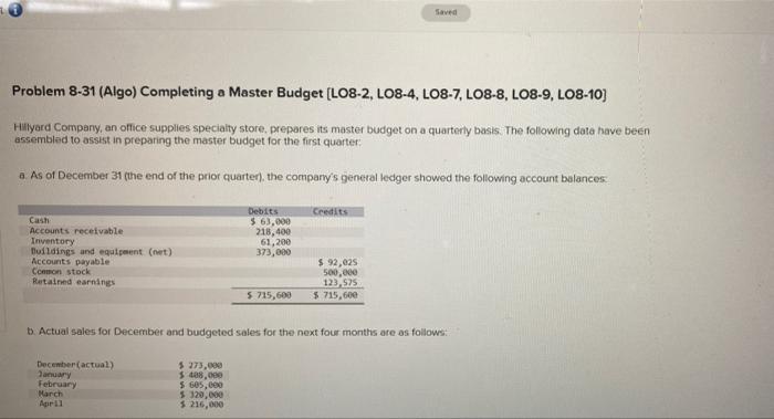Saved Problem 8 31 Algo Completing A Master Budget Lo8 2 Lo8 4 Lo8 7 Lo8 8 Lo8 9 L08 10 Hilyard Company An Off 1