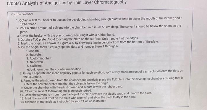 20pts Analysis Of Analgesics By Thin Layer Chromatography From The Procedure 1 Obtain A 400 Ml Beaker To Use As The D 1
