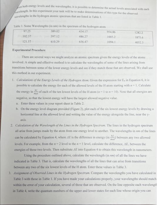Table 3 Calculation Of Wavelengths In The Spectrum Of The H Atom In The Upper Half Of Each Box Write 4e The Differen 4