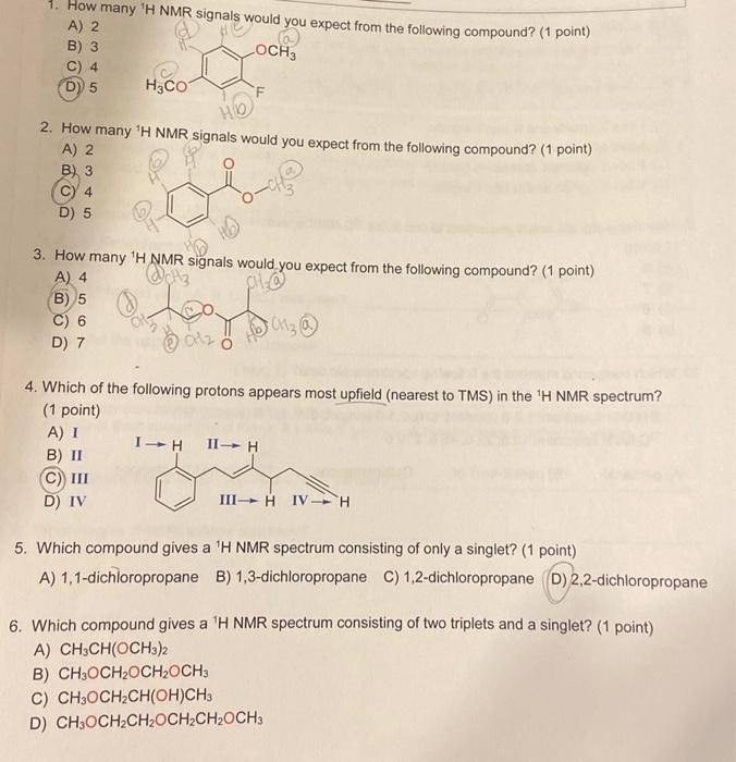 1 How Many H Nmr Signals Would You Expect From The Following Compound 1 Point A 2 Loch3 B 3 C 4 D 5 H3co Ho 2 1