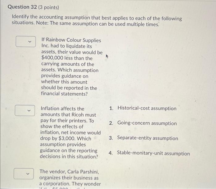 Question 32 3 Points Identify The Accounting Assumption That Best Applies To Each Of The Following Situations Note T 1