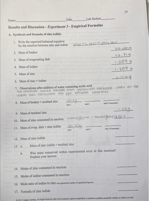 Name Date Lab Section Results And Discussion Experiment 5 Empirical Formulas A Synthesis And Formula Of Zinc Iodid 1