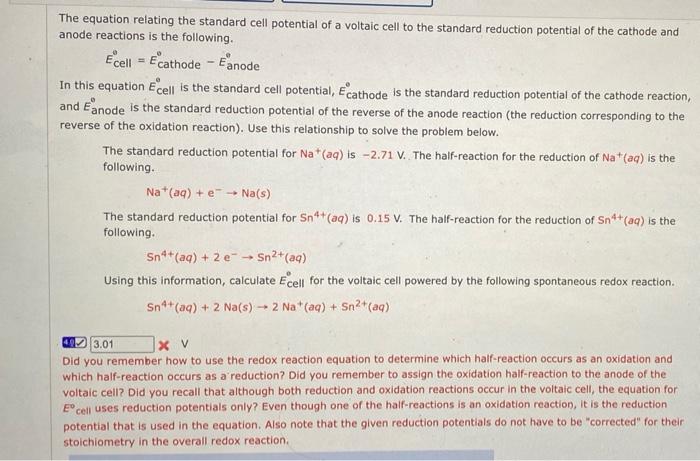 The Equation Relating The Standard Cell Potential Of A Voltaic Cell To The Standard Reduction Potential Of The Cathode A 1