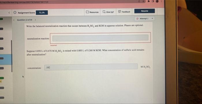 73670 6807367 110 Assignment Score Question 12 Of 30 71 1 Neutralization Reaction Resources Give Up Concentratio 1