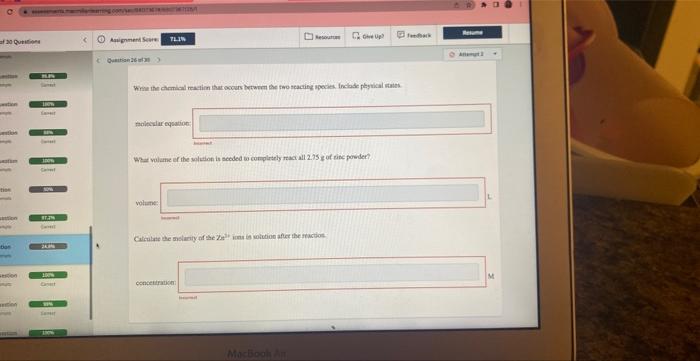 20 Question Tion To Estion On 3dow 1 29 100 Cet Ottim Assignment Scare Tlin Wine The Chemical Reaction That Occurs Bet 1