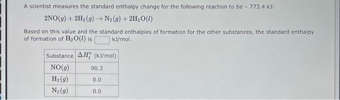 A Scientist Measures The Standard Enthalpy Change For The Following Reaction To Be 773 4 Kj 2no G 2h G N G 1