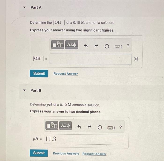 Part A Determine The Oh Of A 0 10 M Ammonia Solution Express Your Answer Using Two Significant Figures Oh S 1