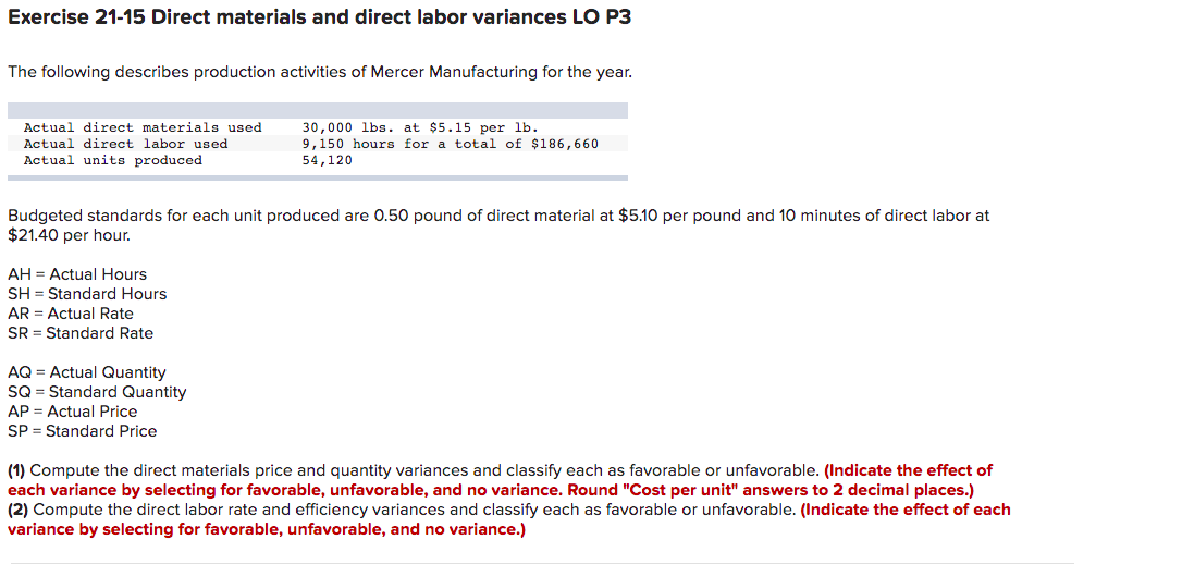 Exercise 21 15 Direct Materials And Direct Labor Variances Lo P3 The Following Describes Production Activities Of Mercer 1
