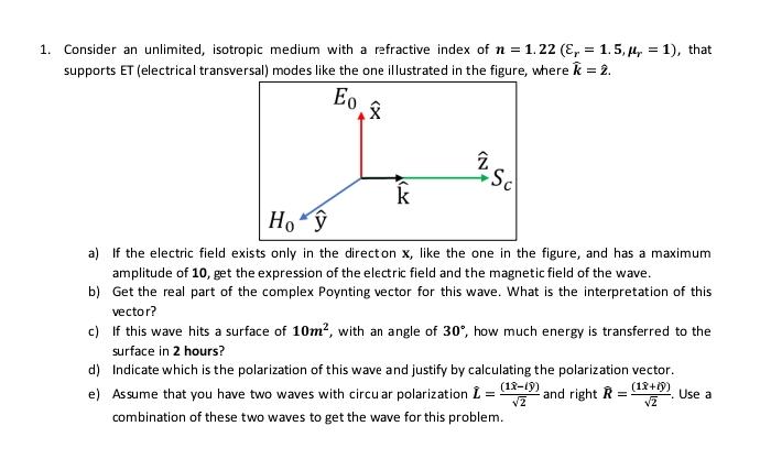 1 Consider An Unlimited Isotropic Medium With A Refractive Index Of N 1 22 E 1 5 1 That Supports Et Electri 1