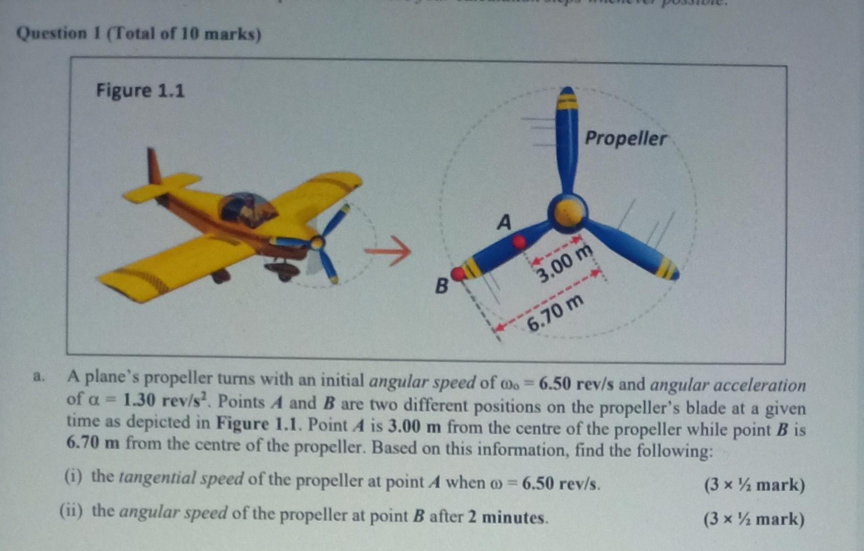 Question 1 Total Of 10 Marks A Figure 1 1 B A Propeller 3 00 M 6 70 M A Plane S Propeller Turns With An Initial 1