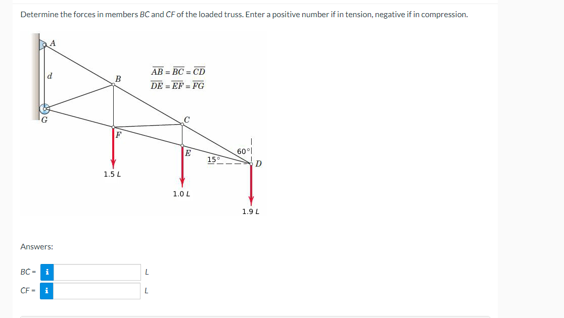 Determine The Forces In Members Bc And Cf Of The Loaded Truss Enter A Positive Number If In Tension Negative If In Com 1