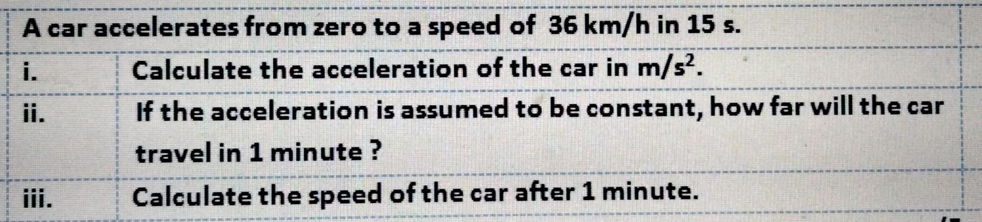 A Car Accelerates From Zero To A Speed Of 36 Km H In 15 S I Calculate The Acceleration Of The Car In M S Ii If The 1