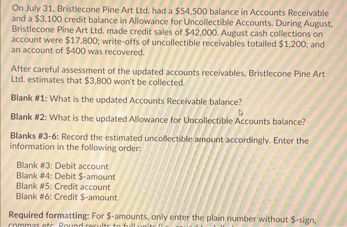 On July 31 Bristlecone Pine Art Ltd Had A 54 500 Balance In Accounts Receivable And A 3 100 Credit Balance In Allowa 1