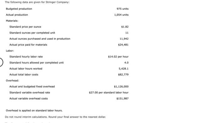 975 Units 1 054 Units 1 82 11 11 942 24 481 The Following Data Are Given For Stringer Company Budgeted Production Act 1