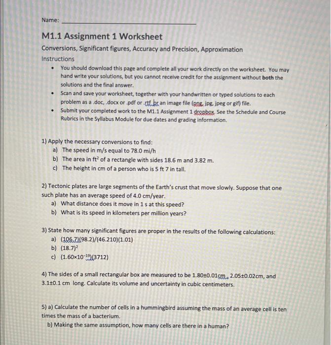 Name M1 1 Assignment 1 Worksheet Conversions Significant Figures Accuracy And Precision Approximation Instructions 1