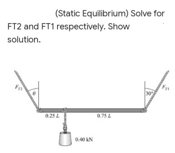 Static Equilibrium Solve For Ft2 And Ft1 Respectively Show Solution F12 0 25 L 0 40 Kn 0 75 L 30 Fr 1