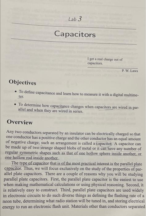 Lab 3 Capacitors I Get A Real Charge Out Of Capacitors P W Laws Objectives To Define Capacitance And Learn How To M 1