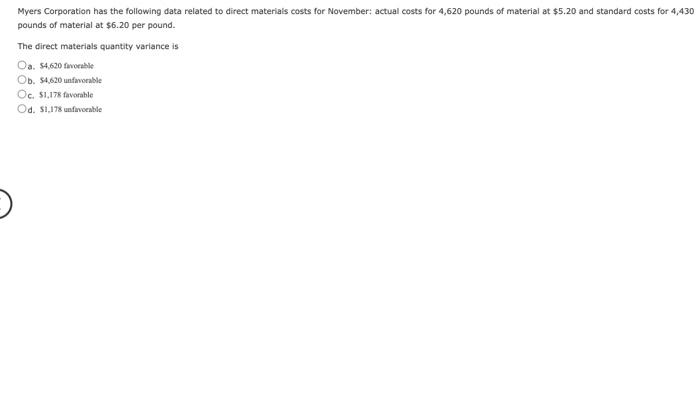 Myers Corporation Has The Following Data Related To Direct Materials Costs For November Actual Costs For 4 620 Pounds O 1