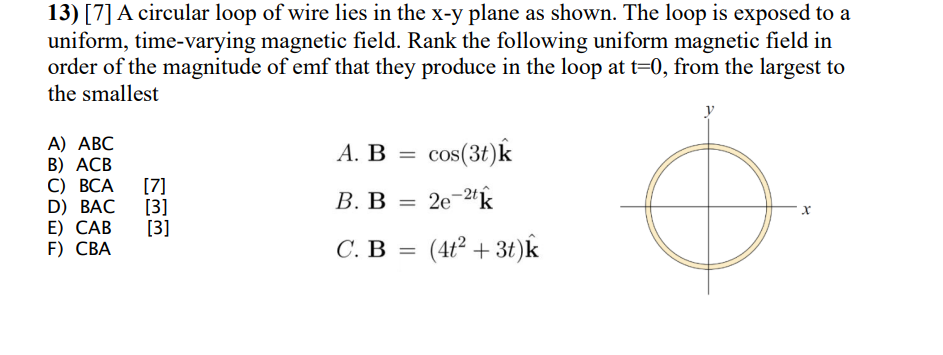 13 7 A Circular Loop Of Wire Lies In The X Y Plane As Shown The Loop Is Exposed To A Uniform Time Varying Magnetic 1